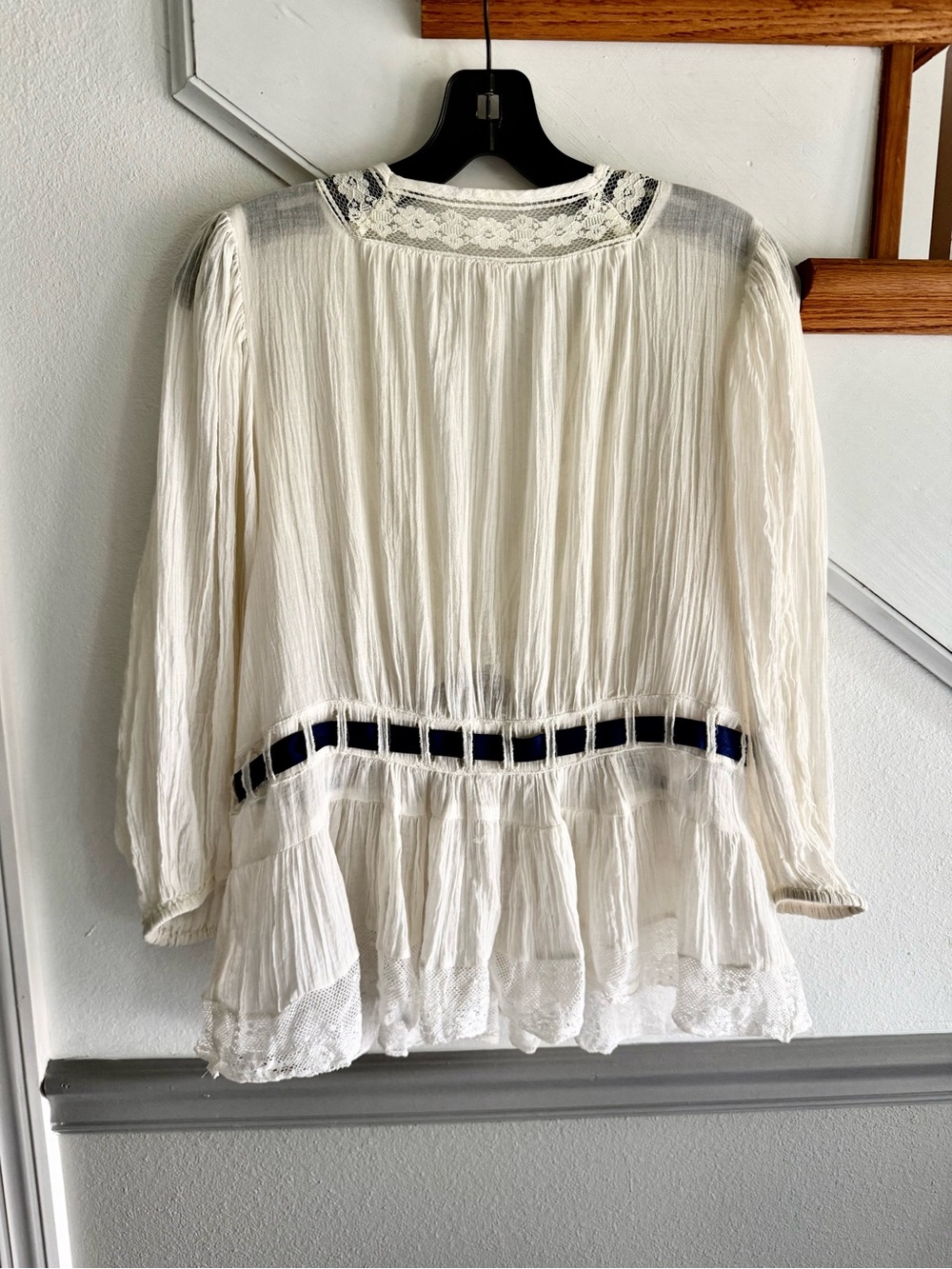 Free People Ivory Lace Peplum Blouse with Navy Ribbon MWOT - Picture 7 of 9